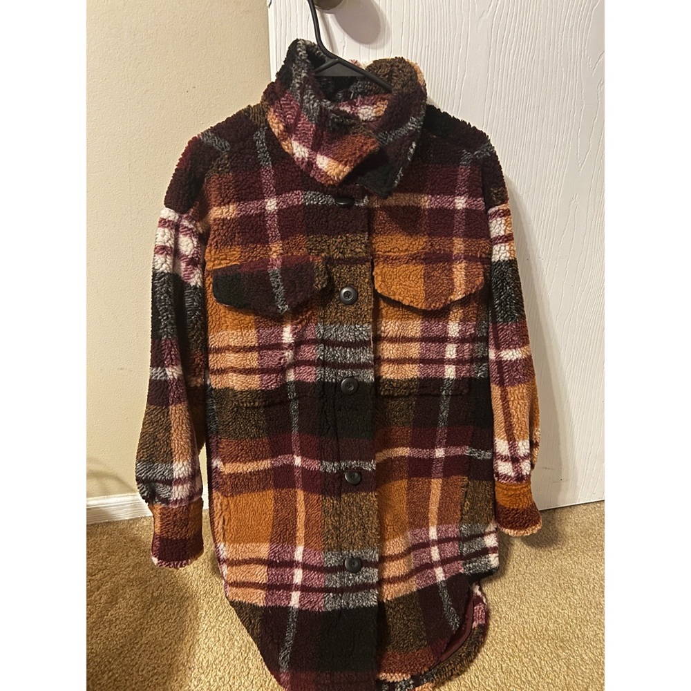 American Eagle Women’s Oversized Sherpa Plaid Heavy Winter Shirt Jacket NWT